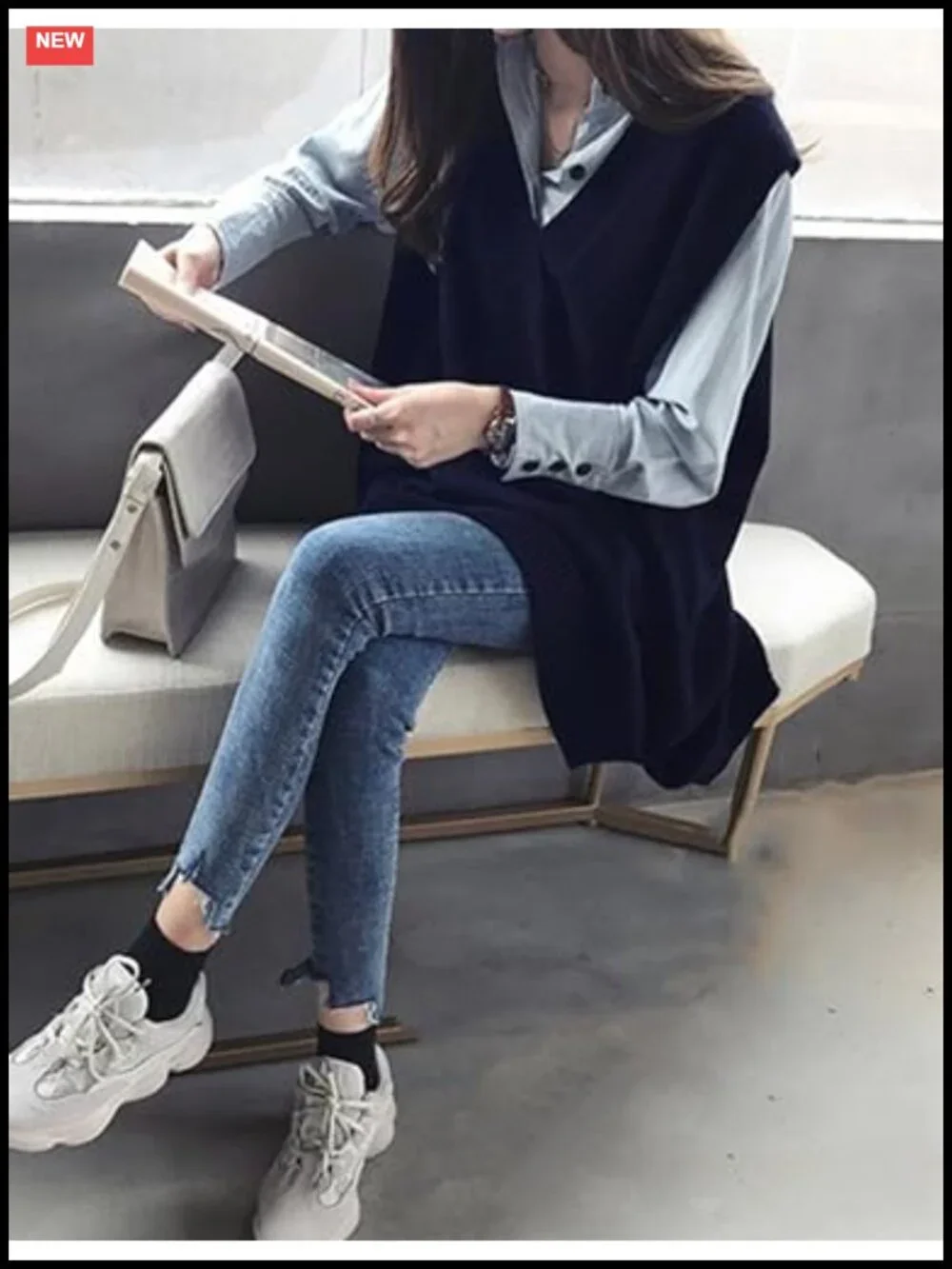 Oversized Knit Long Sweater Vest Deep V Neck Side Split Womens Sleeveless